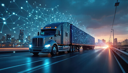 Aufkleber - Truck with container drives road with night cityscape. Digital networking and smart transportation of truck container cargo. Logistic import export and industry business, commercial concept.