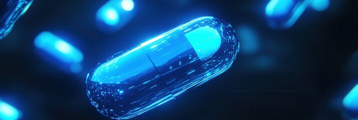 Poster - Glowing blue capsules floating in a dark, futuristic medical environment with a soft, cinematic glow creating an abstract design