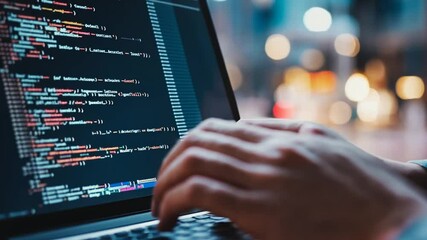 Person hands coding program on laptop screen with code and blurred lights