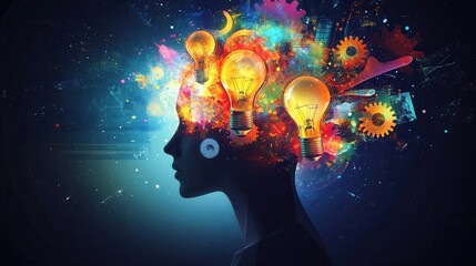 Poster - Inspiring silhouette of a human head filled with creative symbols representing innovative ideas and artistic expression