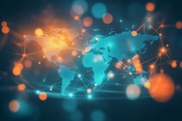 A computer generated image of the world with a blue and orange background. Abstract digital world with global network connections, background for business and technology concept.