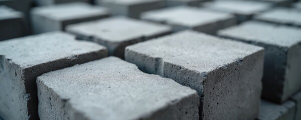 Aufkleber - Stack of rough gray concrete blocks. Cement stone material for house construction, exterior wall. Solid industrial brickwork, modern architecture. Renovation design elements, building abstract urban