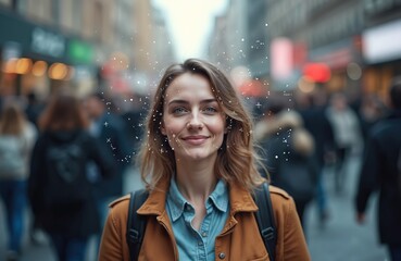 Fototapete - Facial recognition tech identifies woman face in crowd using ai biometric scan. Digital identification, verification system. Protection of personal data, access to private info, cyber safety in