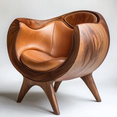 Poster - Elegant Wooden Armchair with Leather Seat: A Modern Furniture Design Masterpiece for a Stylish Living Space.