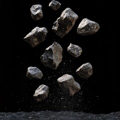 Poster - Falling Rocks: A Dynamic Display of Gravity and Geology on a Stark Black Background, Showcasing Texture and Motion