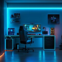 Leinwandbilder - Neon Gaming Setup: Immersive Gamer's Room with RGB Lights and High-End PC Gear for Ultimate Gaming Experience