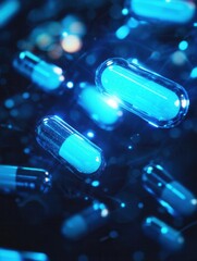 Poster - Glowing capsules emit soft blue light in a dark futuristic space evoking a surreal medical experience