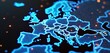 © miss irine - Digital glowing Europe map with blue contours on black background represents EU network, european union connectivity, data transfer, cyber technology, information exchange in european countries.