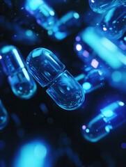 Poster - Glowing capsules in a dark environment showcasing abstract medical design with a digital futuristic theme