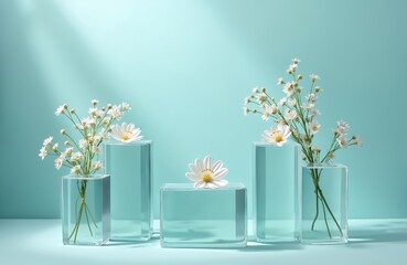 Aufkleber - Transparent podiums showcase daisy flowers against blue background. Clean, modern design suitable for product advertising. Glass geometric platforms for cosmetic item display. Minimalist scene, empty