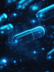 Poster - Glowing capsules emit soft blue light in a dark, futuristic environment with an abstract medical design and a cinematic aesthetic
