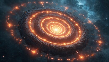 Aufkleber - Glowing lights in starry sky photo. Circular cosmic structure orbits in space. Abstract futuristic art. Swirl of galaxy nebula, interstellar celestial, galactic astral background.