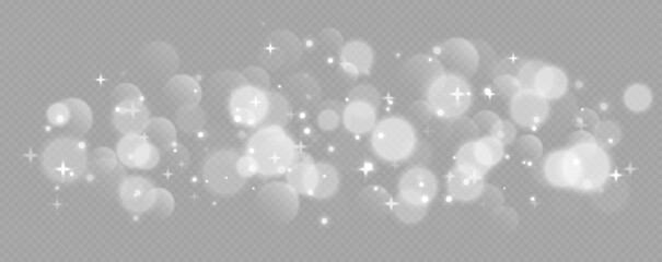 Wall Mural - white bokeh with stars and sparkles, shiny overlay decoration isolated on grey background. vector il