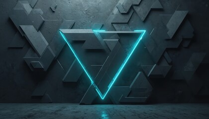 Leinwandbilder - Techy blue neon triangle on abstract grunge background. Geometric surface with polygons, triangle shape, neon line. Corporate design wallpaper, trendy futuristic look for product demo or presentation.