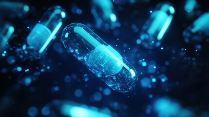 Poster - Glowing capsules emit soft blue light in a dark environment showcasing futuristic abstract medical design