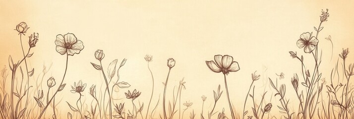 Poster - Hand drawn floral sketches on aged paper with delicate line art showcasing soft vintage tones and a golden ratio balance