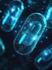 Poster - Glowing capsules illuminate a dark environment with a futuristic feel in an abstract medical design