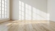 © BirD - Sunlit empty room showcasing wooden flooring and large window shadows, creating a serene, minimalist interior space.