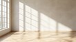 © BirD - Sunlit empty room with large windows casting shadows on wooden floor, minimalist interior design.