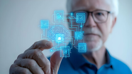 Senior Man Interacting with Digital Circuit Technology Display