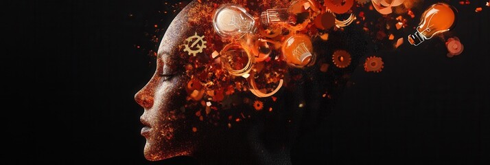 Poster - Creative symbols illuminate the mind in a futuristic silhouette filled with lightbulbs and gears