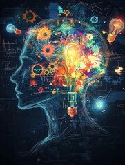 Poster - Creative thinking represented by human head silhouette filled with innovative symbols in futuristic design featuring lightbulbs and gears