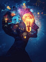 Poster - Creativity and Innovation Represented Through Human Silhouette with Lightbulbs and Gears Floating in a Futuristic Setting