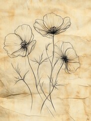 Poster - Hand drawn floral sketches on aged paper featuring delicate line art in soft vintage tones with harmonious golden ratio balance