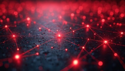 Fototapete - Abstract network of connected red glowing nodes on dark textured surface. Tech background shows futuristic digital communication system, science structure, lines linking dots. Concept of energy, AI,