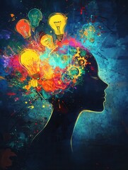 Fototapete - Silhouette of a human head filled with creative symbols and colors showcasing imagination and innovation in a futuristic style