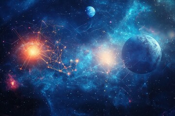 Poster - Cosmic dreamscape with planets and glowing connections in a deep blue nebula at twilight