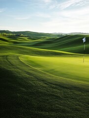 Poster - Serene golf course showcasing rolling green hills and a flag marking the hole for a perfect afternoon play Generative AI