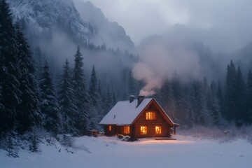 Wall Mural - cozy wooden cabin glowing in snowy mountain valley at dusk