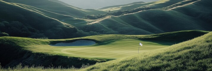 Poster - Serene golf course with a flag amid rolling green hills creating a peaceful outdoor setting Generative AI