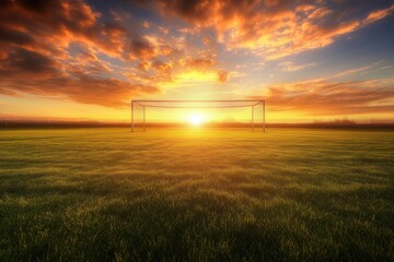 Aufkleber - Golden sunrise over empty soccer field with long shadows and goalposts positioned at golden ratio Generative AI