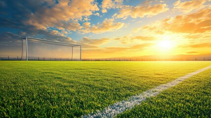 Aufkleber - Wide angle view of a soccer field at sunrise with golden sunlight casting long shadows Generative AI