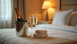 © miss irine - Luxurious hotel room service with champagne bottle in ice bucket and two glasses on bed. Holiday escape, vacation get-away, celebration, romantic indulgence, comfort, relaxation, and luxury lifestyle.