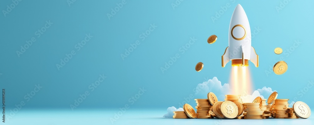 Rocket Launching into the Sky with Coins Gold and Financial Symbols on ...