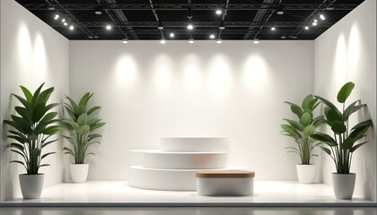 Aufkleber - White 3d stand booth with plants for trade display design. Exhibition event for presentation on podium in corner blank mock up template. Isolated showroom interior, store box space for advertising