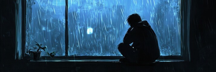 Aufkleber - Lonely individual reflects by a rainy window with moody lighting and deep blues in a quiet indoor space