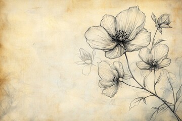 Poster - Delicate hand drawn floral sketches on aged paper showcasing vintage tones and golden ratio balance in line art design