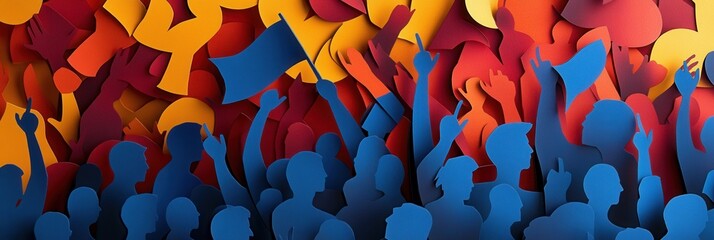Poster - Powerful layered paper art design showcasing activism through a crowd with raised hands and flags in vivid colors Generative AI