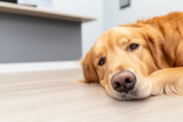 Poster - Mindful Workplace Wellness Golden Retriever Embodying Soft Corporate Calm in Modern Minimalist Office Environment - Stress Reduction and Employee Wellbeing Trend