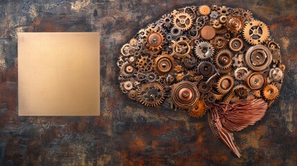 Aufkleber - Steampunk brain design featuring intricate gears and cogs with a blank area for personalized text Generative AI