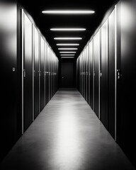 Poster - Cybersecurity Dark Mode Minimalist Data Center Corridor Revealing Sleek Architectural Surveillance and Digital Infrastructure Design Aesthetic