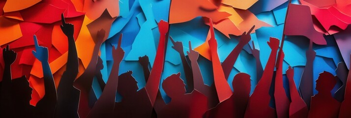 Leinwandbilder - Powerful layered paper art background showcasing activism, unity, and expressive motion through colorful silhouettes Generative AI