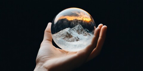 Leinwandbilder - Immersive Climate Tech Holographic Mountain Landscape in Crystal Sphere - Innovative Environmental Visualization for Sustainable Design and Global Awareness