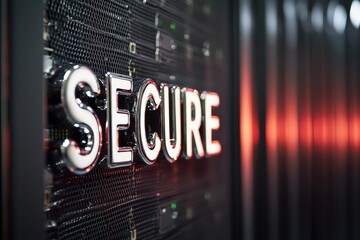 Fototapete - Cybersecurity Innovation Chrome Padlock Typography in Sleek Datacenter - Cutting-Edge Digital Protection for Enterprise Resilience and Tech Transformation