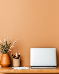 Fototapete - Minimalist Digital Workspace Terracotta and Neutrals - Modern Remote Work Aesthetic for Creative Professionals and Lifestyle Entrepreneurs