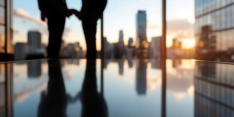 Poster - Collaborative Urban Professionalism Blurred Silhouettes Embodying Future-Forward Corporate Strategy with Innovative Workspace Design and Sunset Cityscape Inspiration